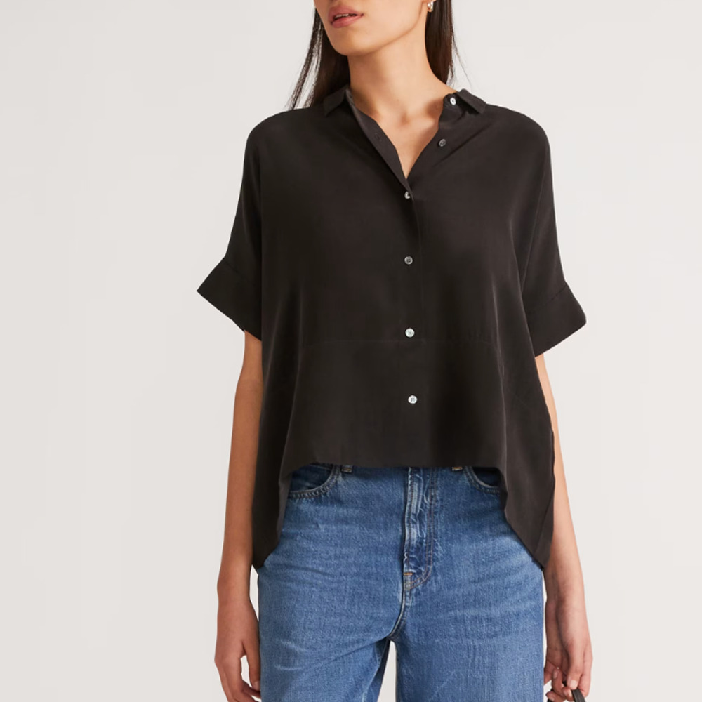 Everlane Black Short-Sleeve Silk Button-Up Blouse